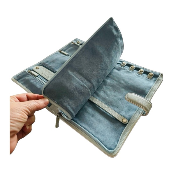 RED ENVELOPE Pale Blue Leather Travel Jewelry Case Pouch 10 3/4”x 6 1/2” - Picture 4 of 10